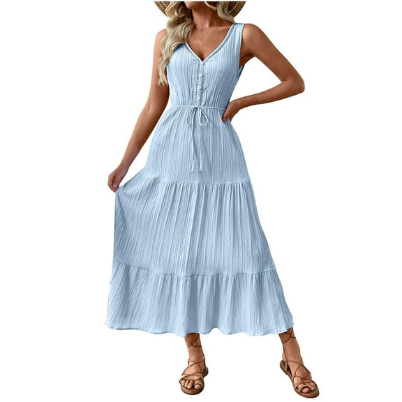 Oplxuo Plain Maxi Sundress for Women 2025 Casual Loose Smocked Tank Dress Sleeveless V Neck Summer Beach Tiered Long Dress