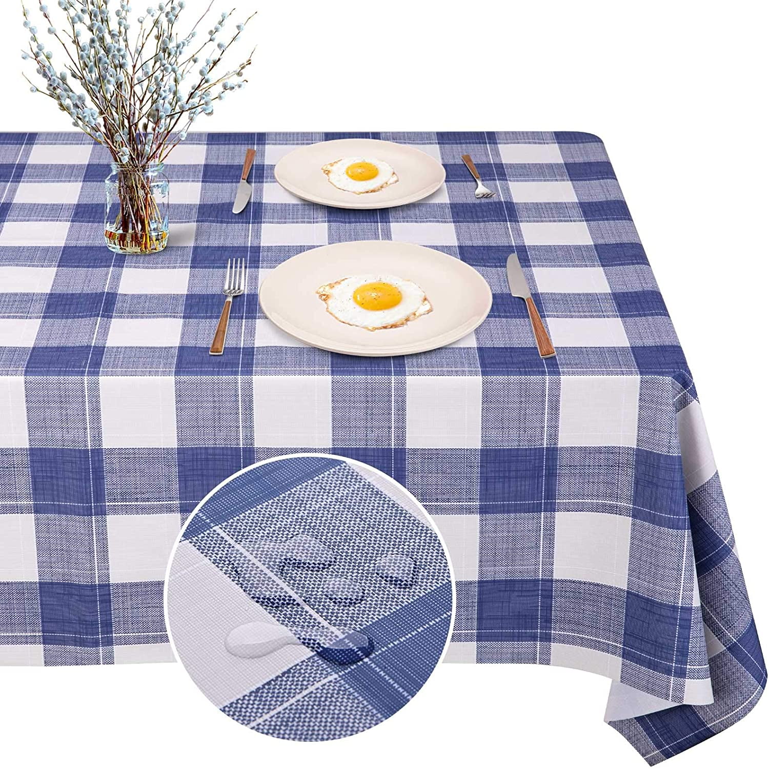 Linen Checkered Squares PVC Tablecloth Vinyl Oilcloth Kitchen Dining Table 