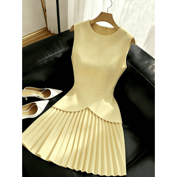 Light Yellow Womens Sleeveless Peplum Pleated Hem Dress Elegant Minimalist Solid Color