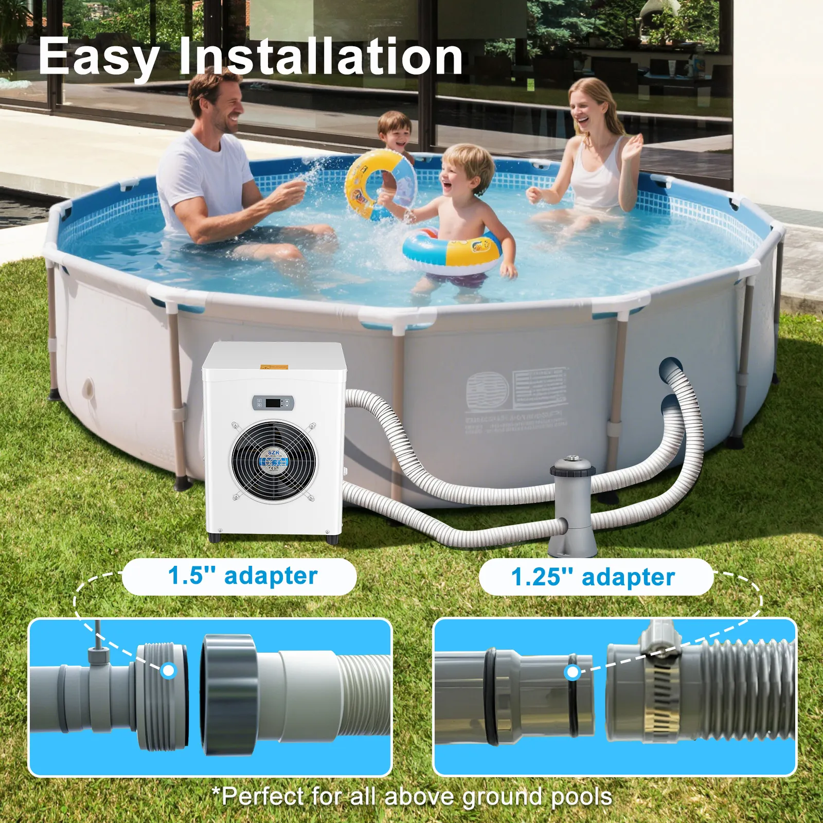 Slsy Swimming Pool Heat Pump for Above Ground Pools, 16186 BTU Energy Efficient Pool Heater with Compact Design & Power Cord Included, White