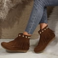 thumbnail image 2 of FRSASU Women's Faux Suede Fringe Ankle Booties Back Zipper Closure Moccasin Toe Low Wedge Heel Short Boots Brown, 2 of 9