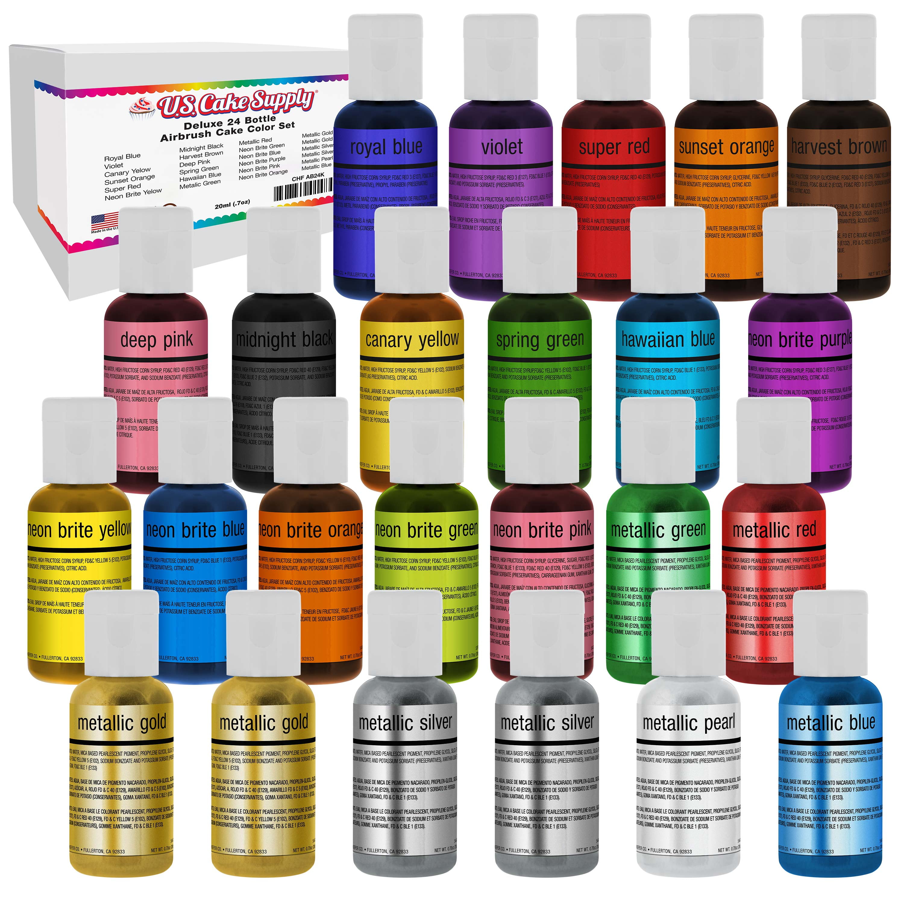 US Cake Supply by Chefmaster Airbrush Cake Neon Color Set - The 6 Most Popular Neon Colors in 0.7 fl. oz. (20ml) Bottles