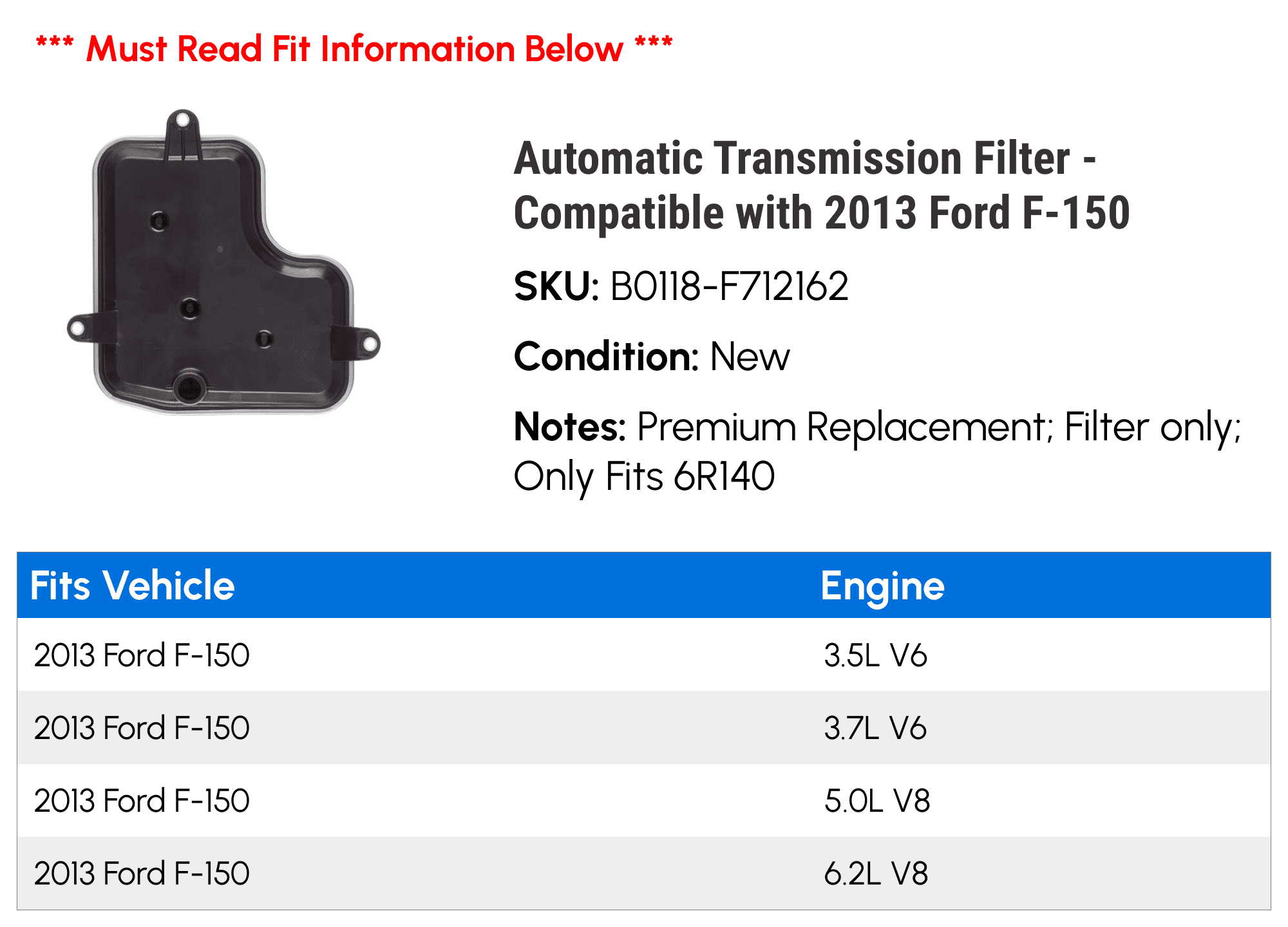 Automatic Transmission Filter - Compatible with 2013 Ford F-150