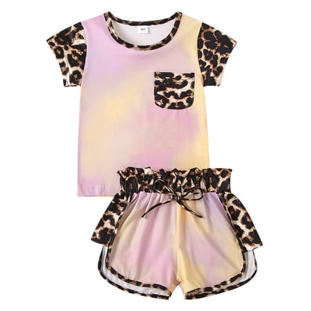 

Canrulo 2PCS Infant Baby Girl Leopard Print Tie-dye O-Neck T-shirt Elastic Waist Shorts Yellow Pink 4-5 Years