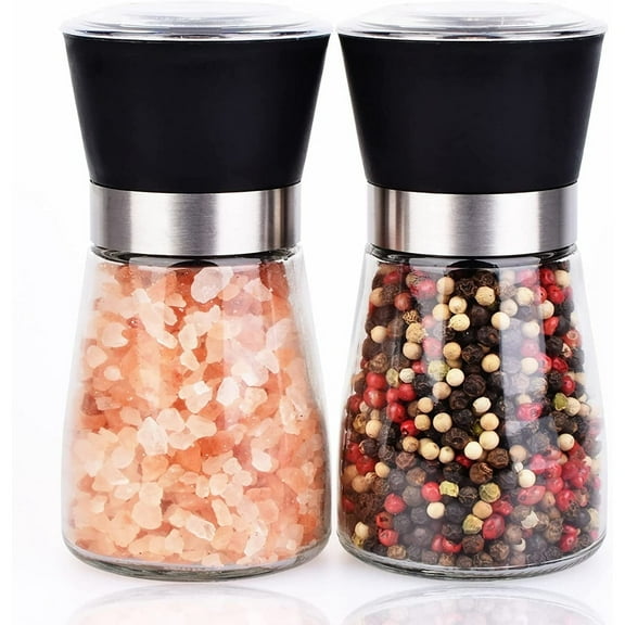 Salt and Pepper Grinder Set, Refillable Pepper Mill Set - Brushed Stainless Steel - Short Glass Shakers with Adjustable Coarseness for Peppercorn, Salt or Spice Mills