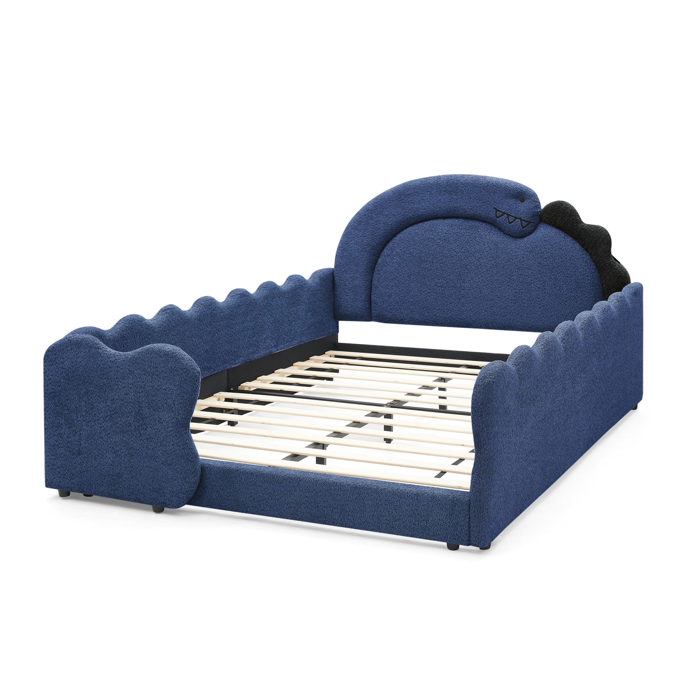 GDF Studio Full Size Cute Dinosaur Bed with Safety Guardrails & Solid Wood Frame, Boucle Fabric Upholstered Bed, Navy