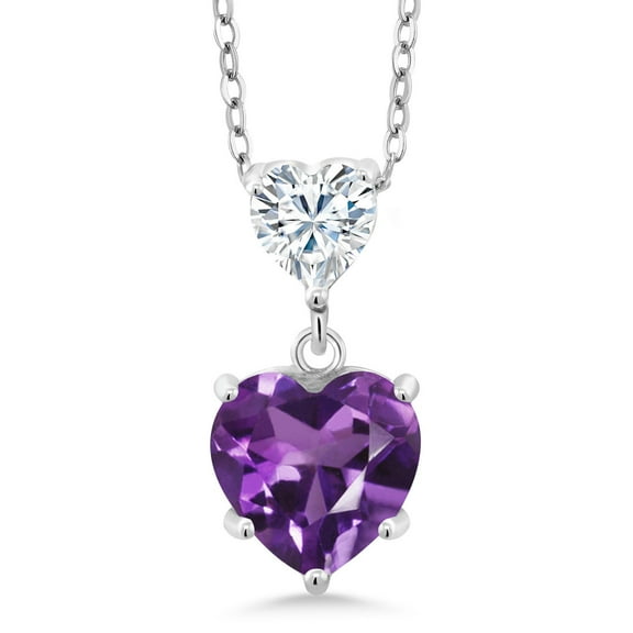 Gem Stone King 2.02 Cttw Purple Amethyst and White Moissanite Double Heart Pendant Necklace for Women | 925 Sterling Silver | Heart 8MM and 5MM | With 18 inch Silver Chain