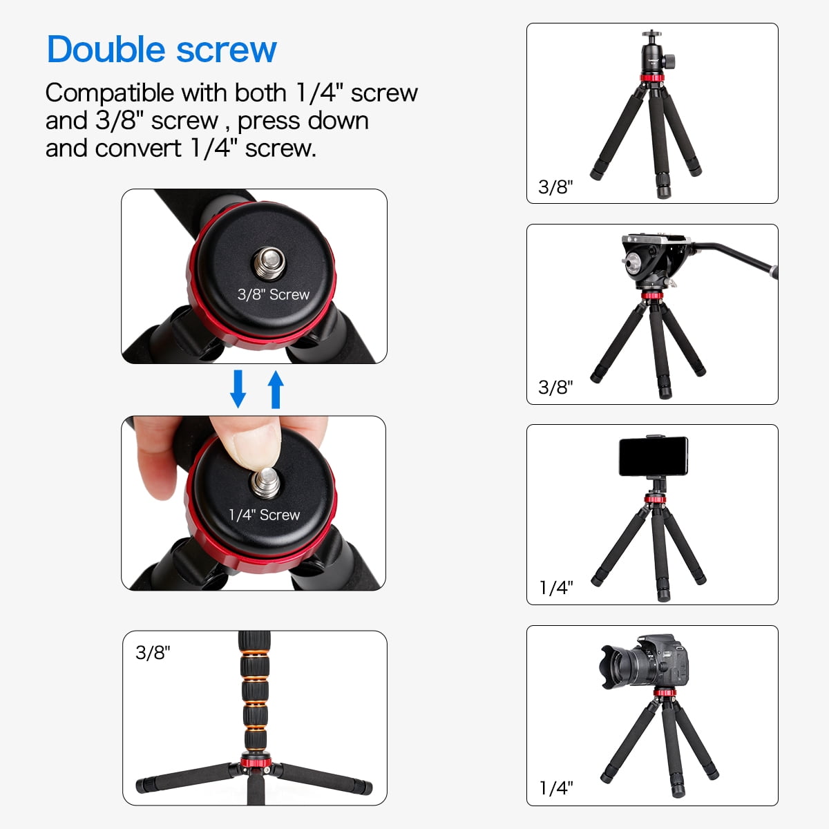 Koolehaoda Mini Tripod All Metal Tabletop Tripod Stand with 1/4 and 3/8 Screw Mount and Function Leg Design, Max Height 13 inch, Load up to 10kg/22lbs,for DSLR Camera,Monopods