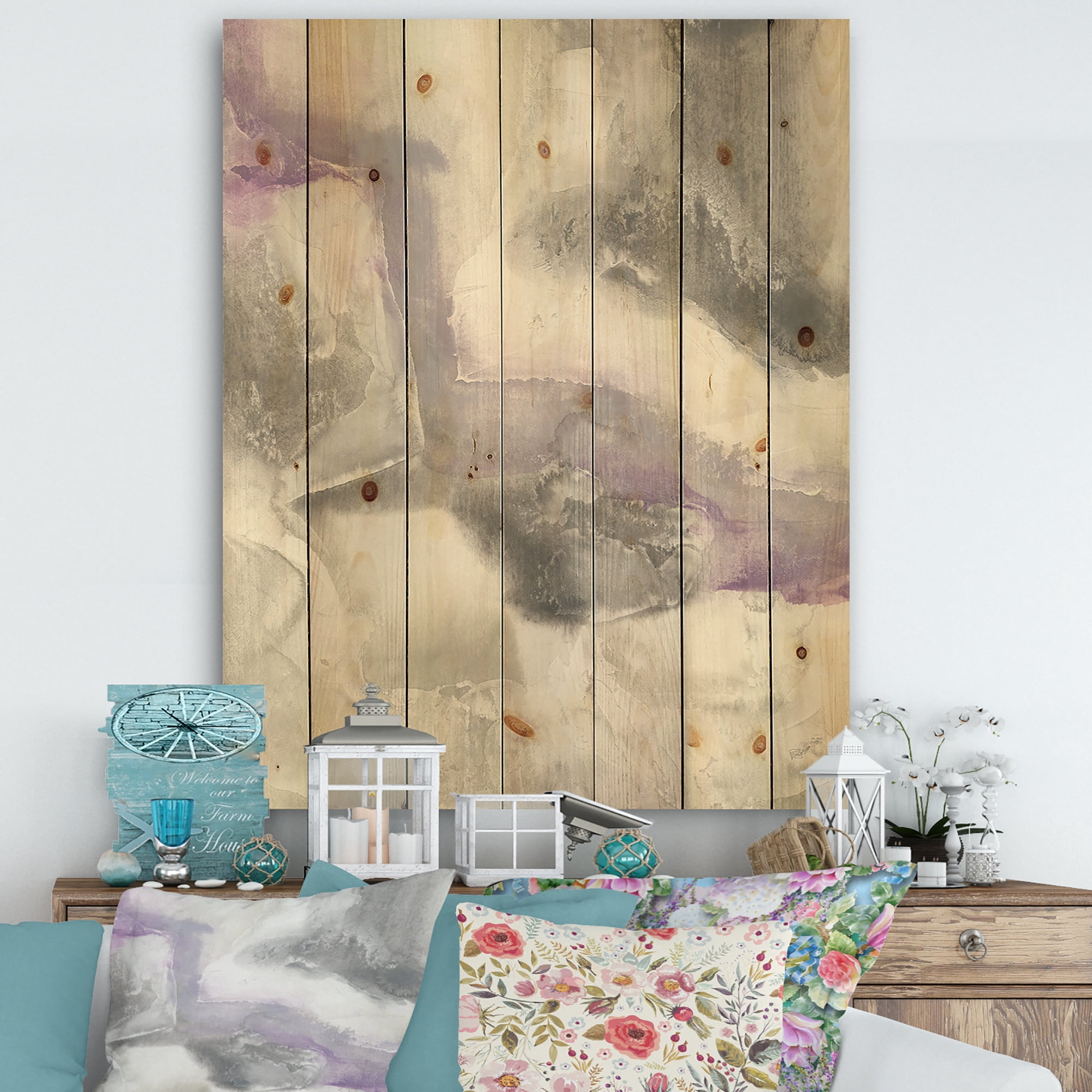 Designart 'Watercolor Minimal Purple Tones II' Modern Farmhouse Print on Natural Pine Wood