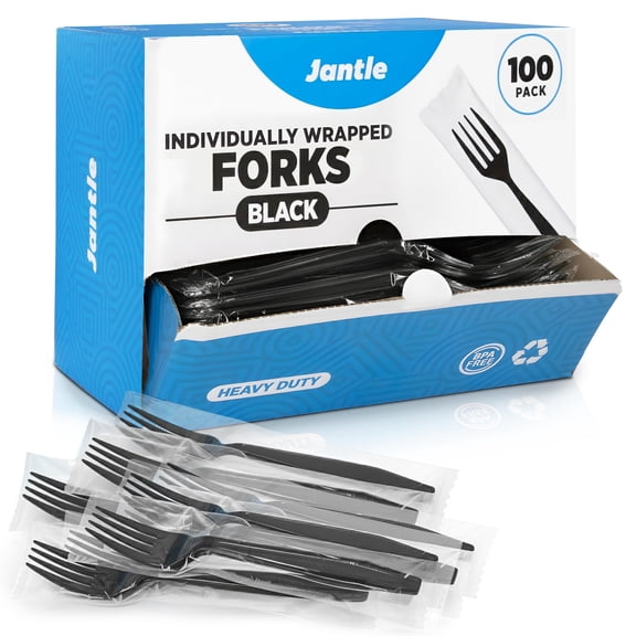 Jantle Heavy Duty Plastic Forks, Individually Wrapped, 100 Count, Black