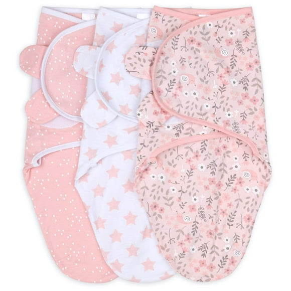 The Peanutshell Swaddle Blankets for Baby Girls, Pink Floral & Stars, 3 Pack Wrap Set, 2 Sizes (Medium/Large)