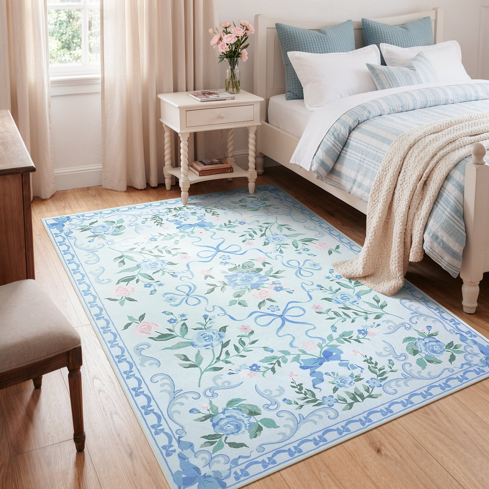 Lahome Washable 5'x7' Floral Bow Area Rug, Blue Rugs for Living Room, Soft Ultra-Thin Non-Slip Carpet for Girls Bedroom Nursery Dorm Kids Room Playroom, Blue