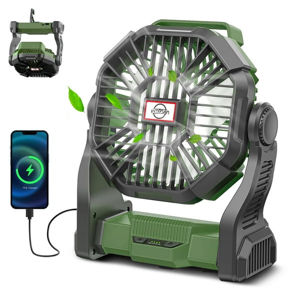 CONBOLA Ventilador portátil con batería con linterna LED, 10400 mAh, pequeño ventilador de camping silencioso recargable para exteriores, ventilador de escritorio personal, ventilador de mesa con ganc