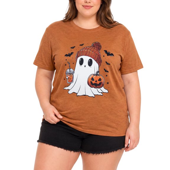 DEXIO Womens Plus Size Tops Halloween Shirts for Women Cute Ghost Shirt Fall Pumpkin Tshirt Coffee Lover Graphic Tees casual Short Sleeve Tops,1X