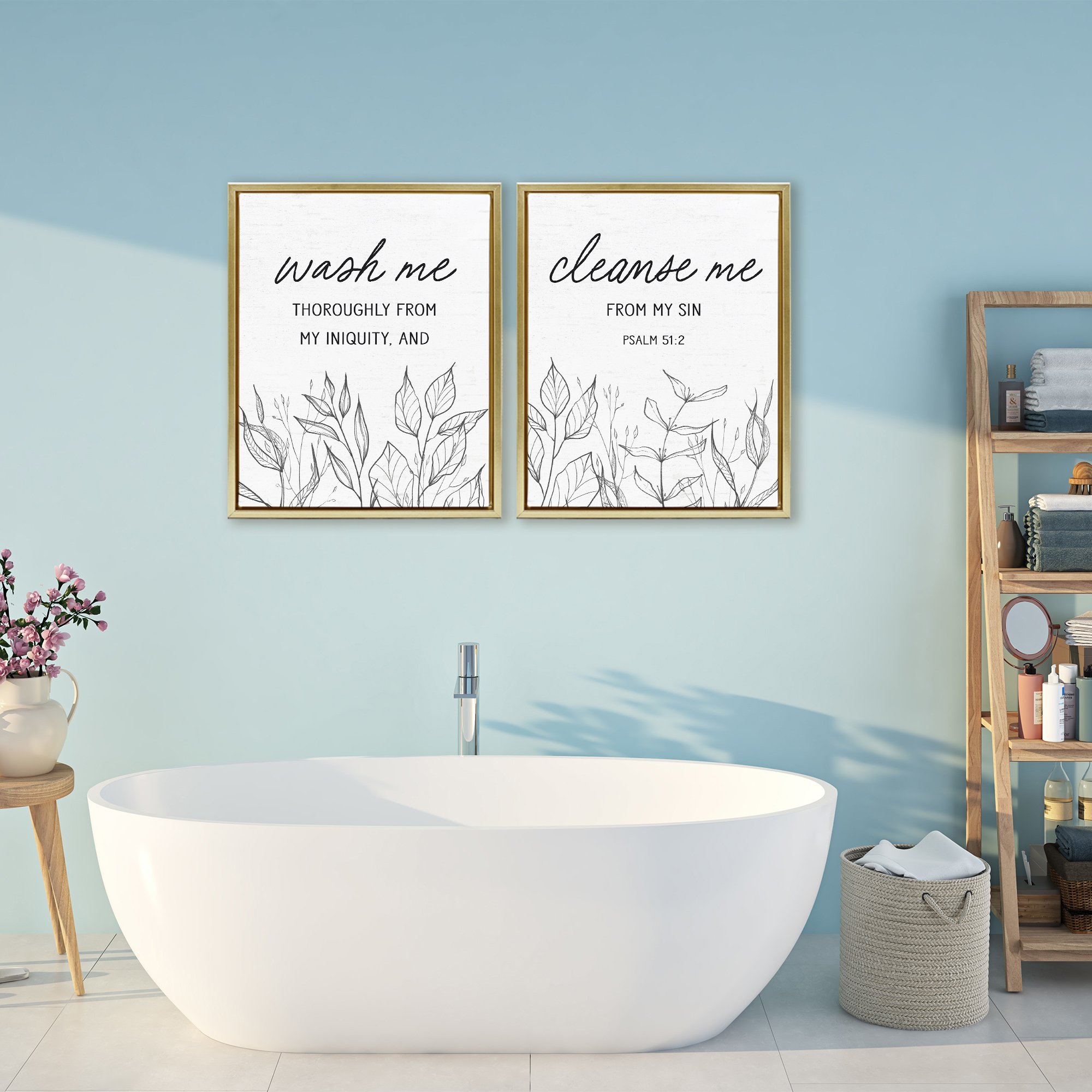 Wash & Cleanse Me Scripture 2 Piece Gold Framed Floater Canvas Set, design by Lettered and Lined