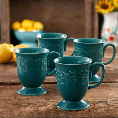The Pioneer Woman Cowgirl Lace 4-Piece 14-Ounce Mug Set, Teal