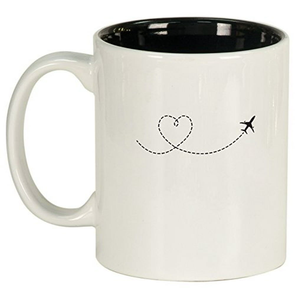 Ceramic Coffee Tea Mug Heart Love Travel Airplane (White)