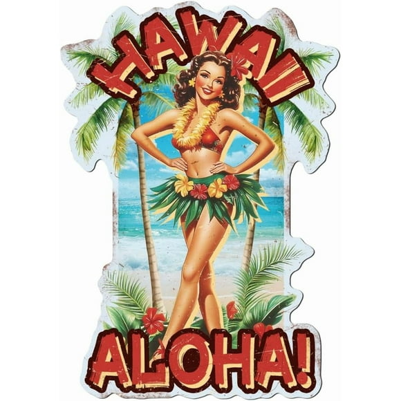 Vintage Hawaii Pin Up Lady Metal Tin Sign 15x10.6 Inch Funny Retro Bar Club Home Tin Sign HAWAII ALOHA Sexy Woman Wall Art Poster Plaque Decor for Home Bedroom Man Cave Pub Decor