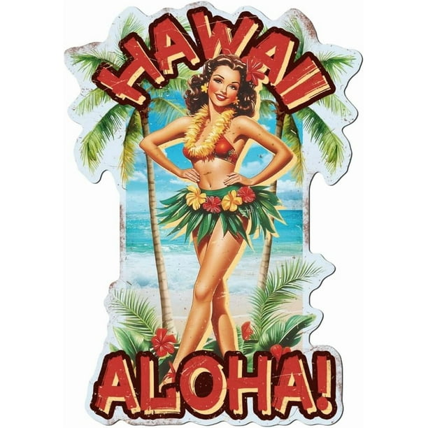 Cartel de hojalata vintage de Hawaii con diseño de mujer pin-up, 15 x 10,6 pulgadas, divertido, retro, para bar, club, hogar, HAWAII ALOHA, póster de arte de pared sexy, placa decorativa.