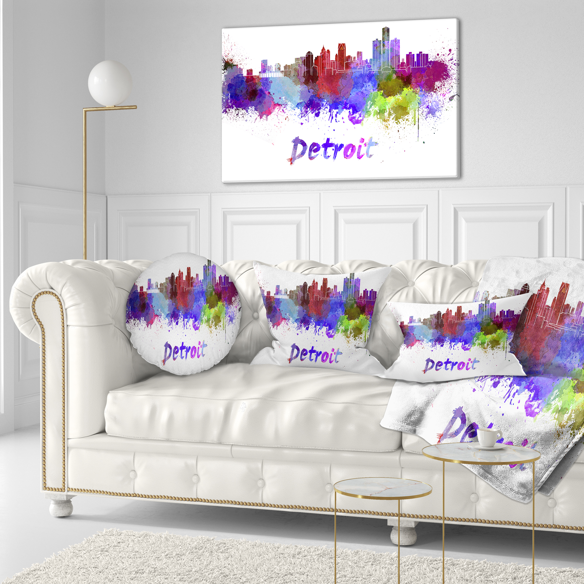 Designart Detroit Skyline - Cityscape Throw Pillow - 12x20