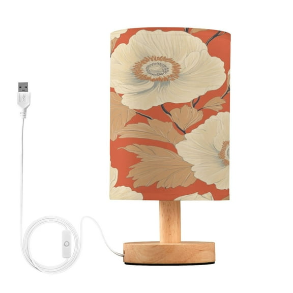 WOBOGO Large White Flowers on Orange Background Bedroom Table Lamp USB Power Connector Wooden Base Round Linen Shade For Living Room Desk