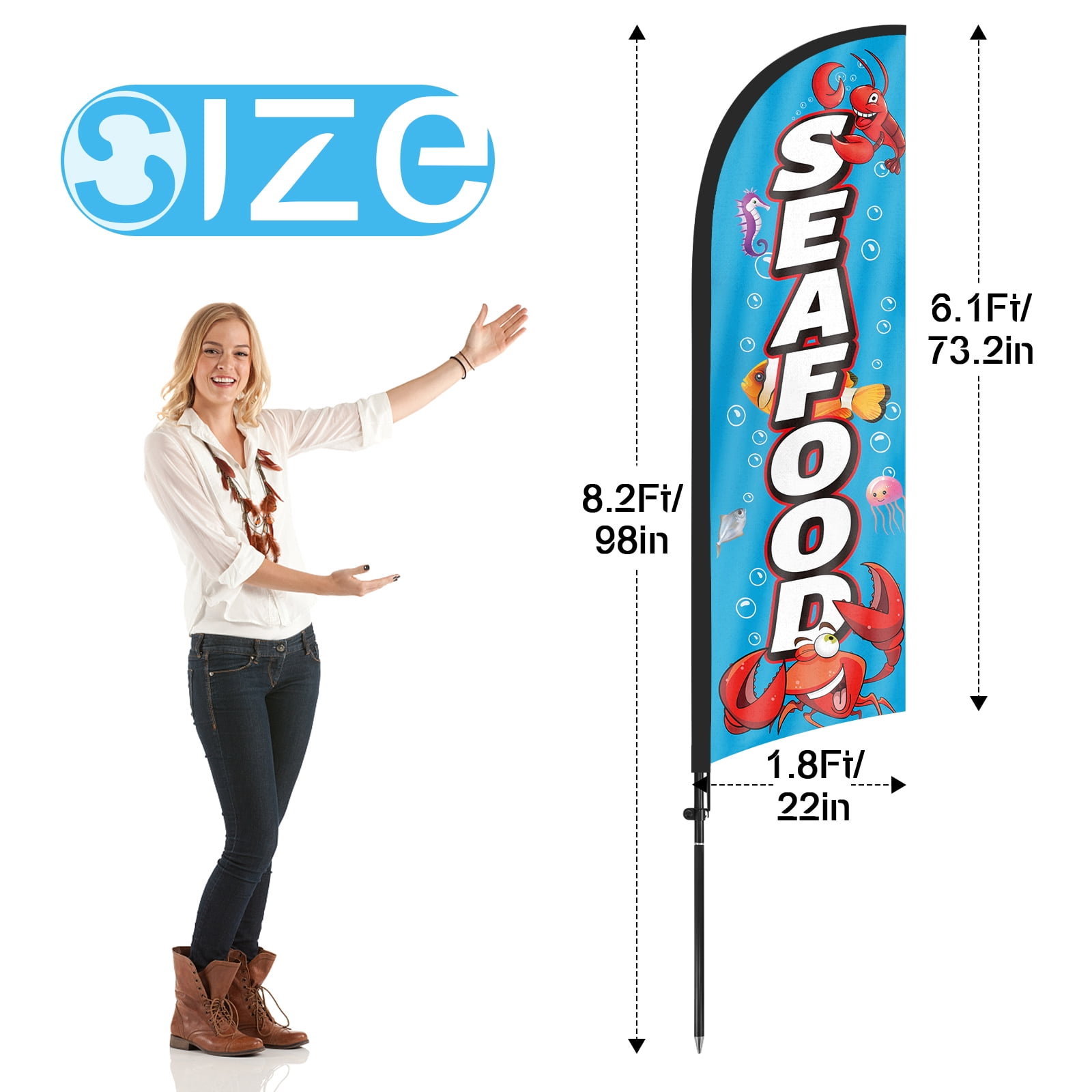 QSUM Seafood Feather Flag with Flag Pole Kit and Ground Spike, 8.2FT Fish Shrimp Windless Flag Banner Sign Business for Outdoor Advertising Sign Decoration Display