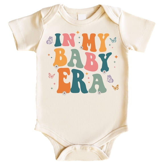 In My Baby Era Birth Announcement Bodysuit Retro Wavy Baby Era and Butterflies Natural Bodysuit 12 Months
