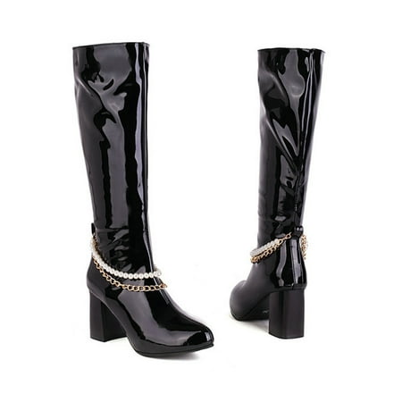 

Women Shoes High Heel Casual Winter Fashion Glossy Pearl Chain Solid Color Pointed Side Zip Knee High Boots