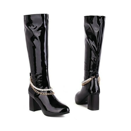 

Women Shoes High Heel Casual Winter Fashion Glossy Pearl Chain Solid Color Pointed Side Zip Knee High Boots