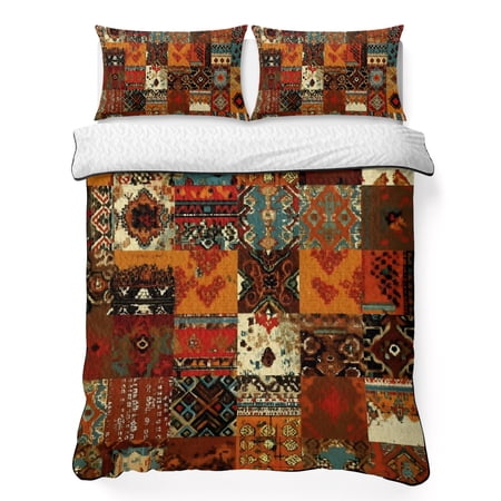 Vintage Boho Full Quilt Bedding Set Rust Brown Exotic Ethnic Native Geometric Lightweight Comforter with 2 Pillow Shams Bedroom Bedspread Set Home Decor for All Seasons