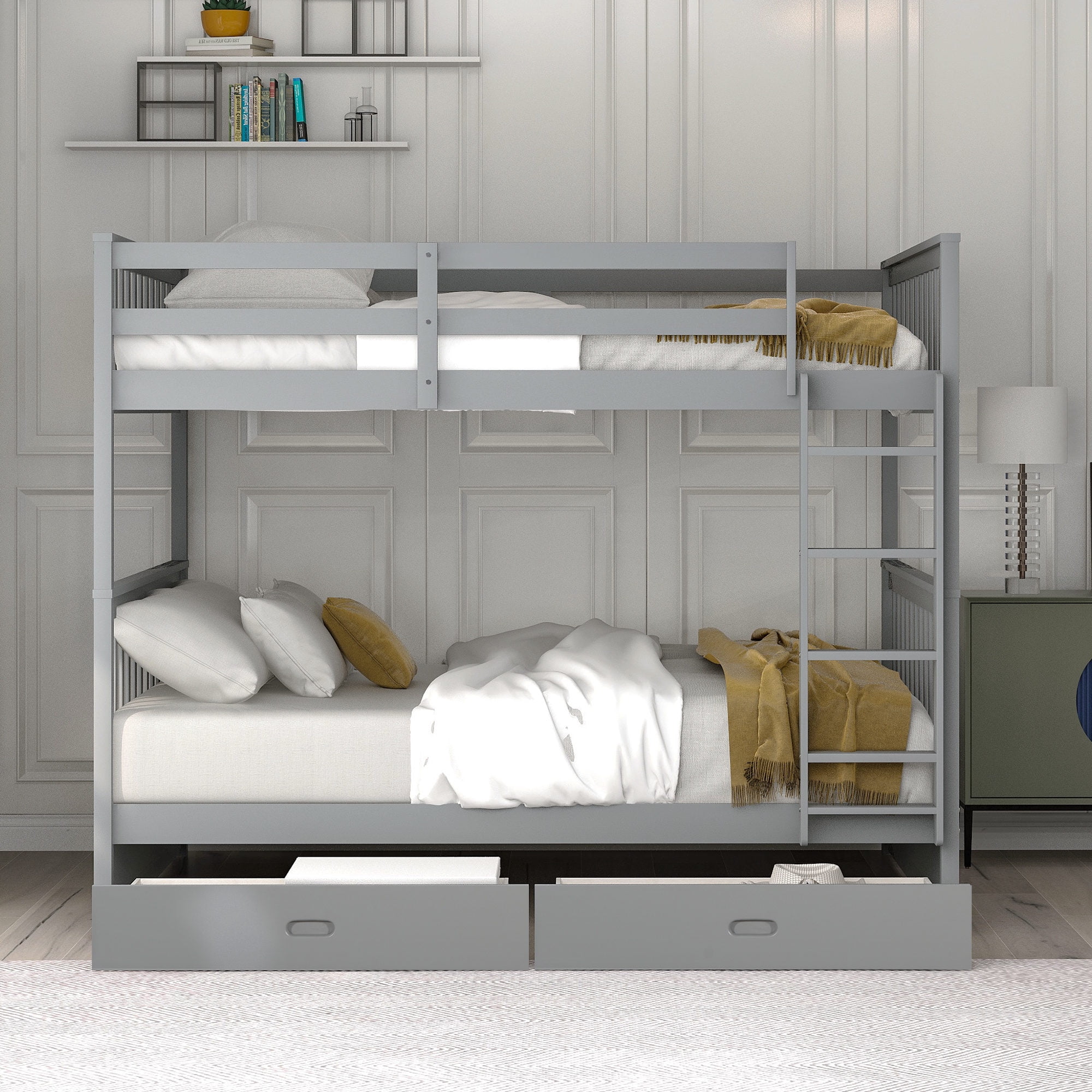 DEALTOPS Full over Full Bunk Bed with Ladder and 2 Drawers for Kids Adults Bedroom Furniture, Gray