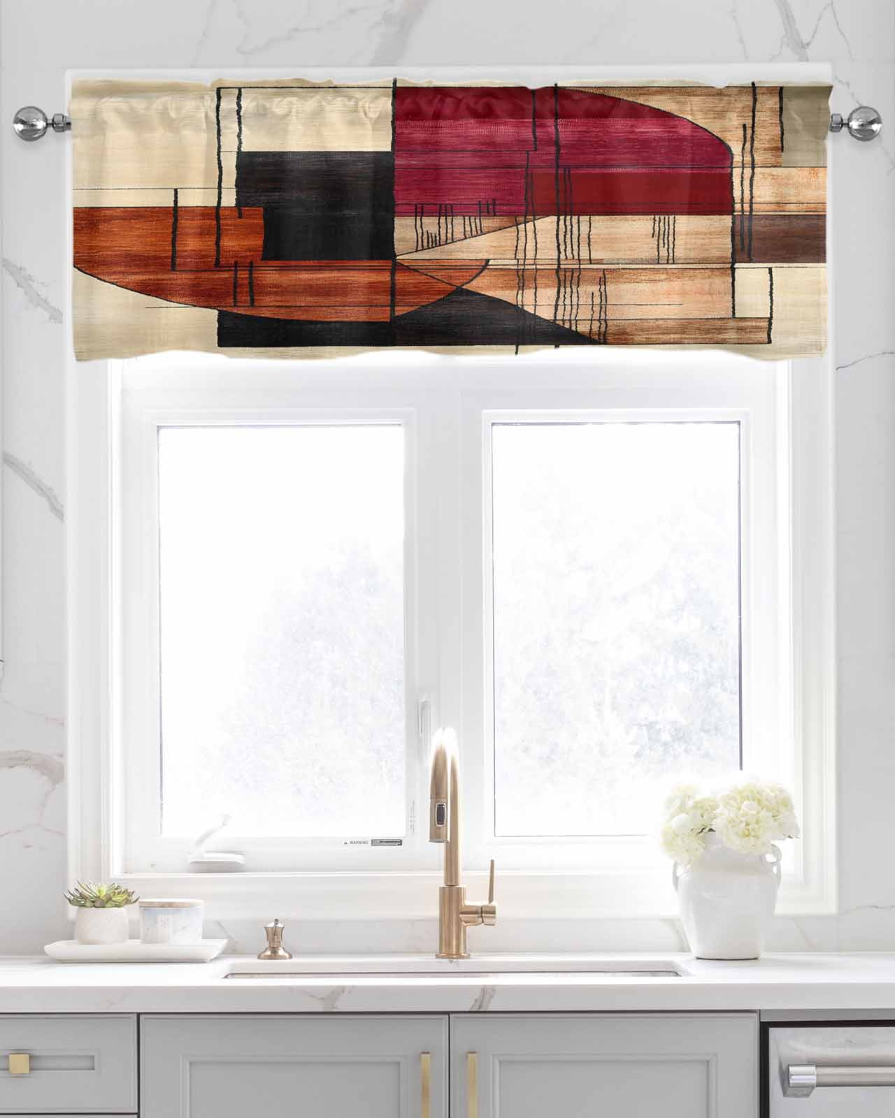 Red Beige Geometric Kitchen Valances for Windows Farmhouse Linen Window Valance Curtain for Living Room Window Treatment Modern Abstract Art Valance Rod Pocket Topper Drape, 60 x 18 Inch