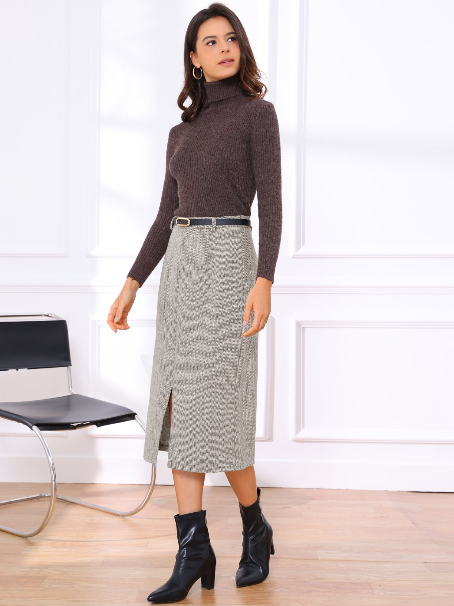DARING DIVA Women's Vintage Fall Slit Office Work Skirts with Belt X-Large Coffee