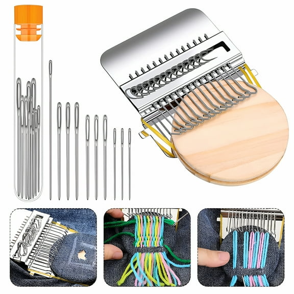 BESTSKY Small Weaving Loom Kit with 14 Hooks and 9 Needles Mini Darning Loom Speedweve Type Weave Tool Beginners Quickly Mending Loom Machine DIY Weaving Arts for Jeans Socks and Clothes