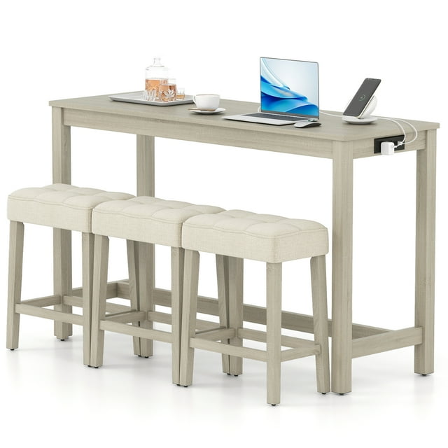 Gymax 4PCS Bar Table Set w/Charging Station 3 Padded Stools for Living Room Kitchen