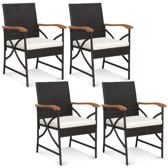 Costway Wicker Dining Chair Set of 4 with Wood Armrests & Curved Backrest, Soft Cushion