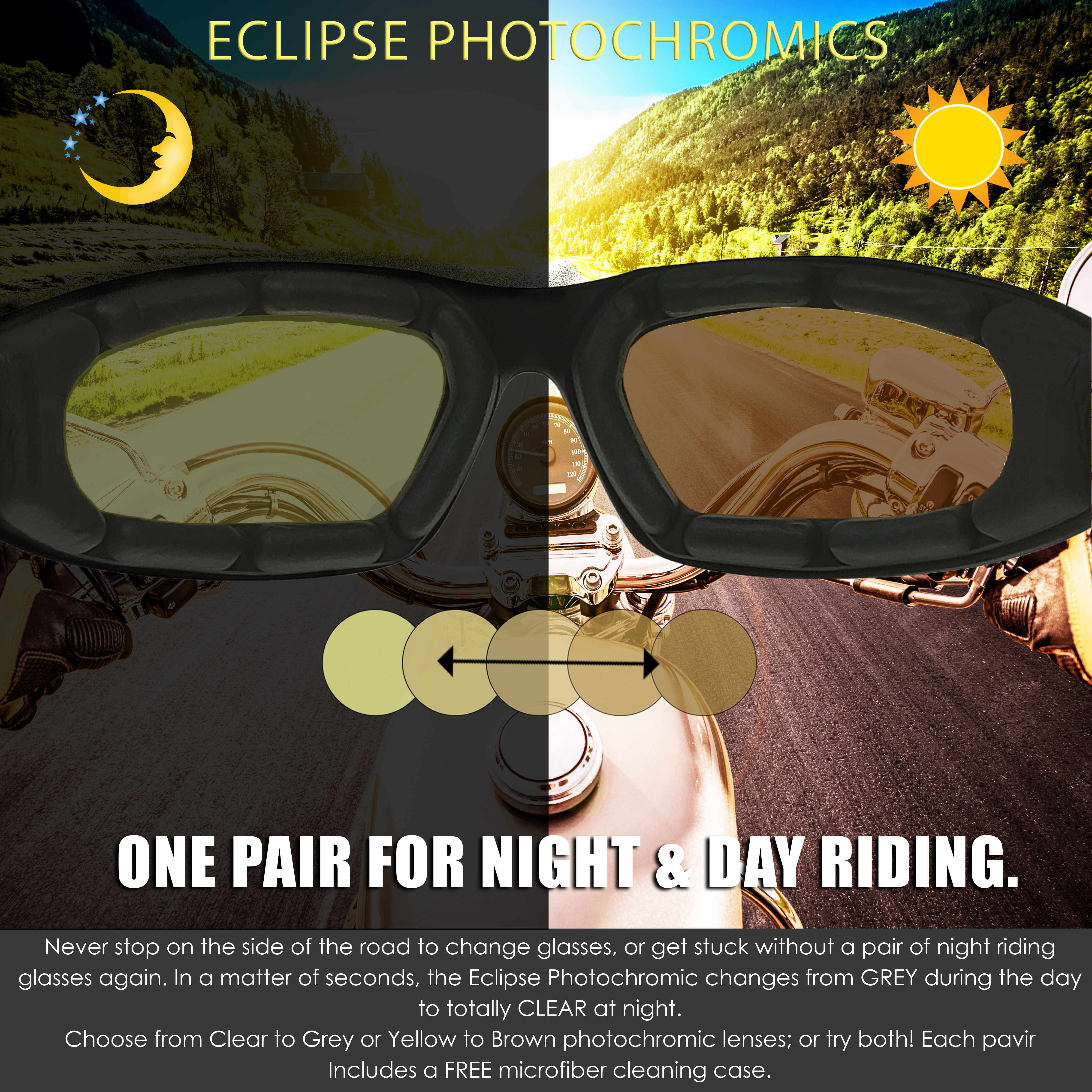 Bikershades Motorcycle Transitional Sunglass Day Night Riding Photochromic Black Yellow - image 5 of 6