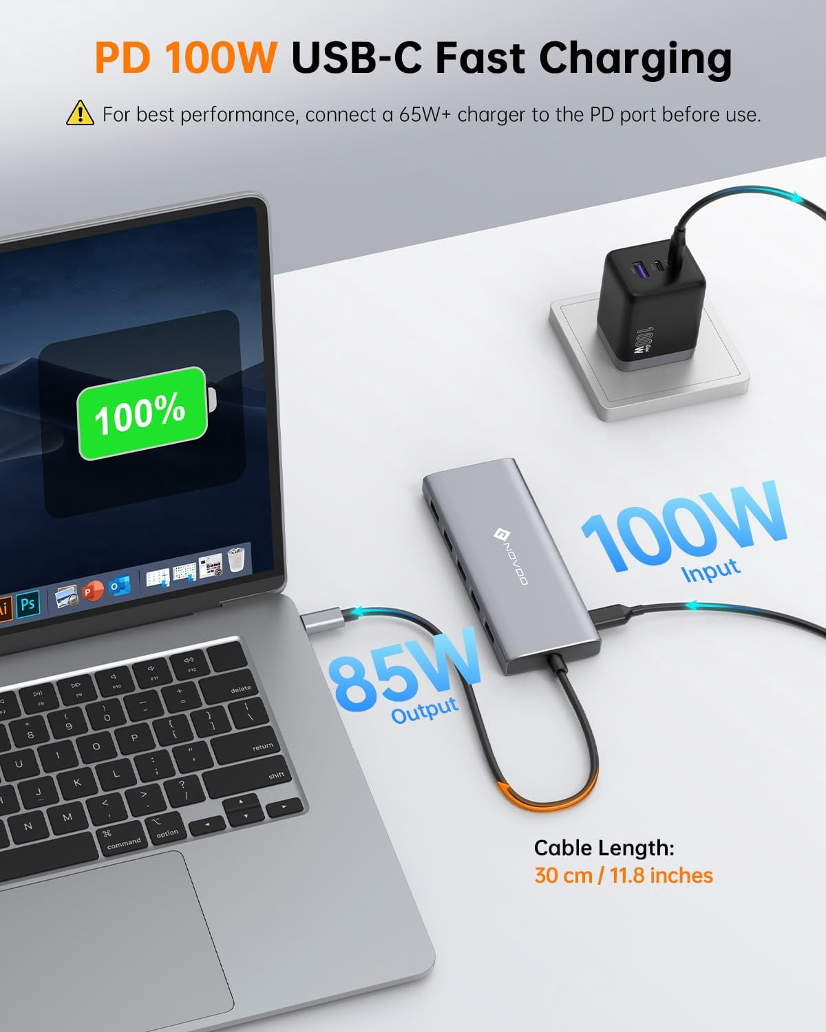 NOVOO 12-in-1 USB-C Hub Multiport Adapter, Triple Display with Dual HDMI, VGA, 100W PD Pass-Through, 5Gbps USB Data Transfer, SD/TF Card Reader, 30cm Cable for USB-C Laptops