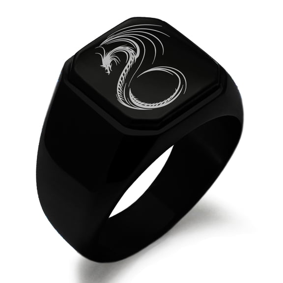 Stainless Steel Serpentine Dragon Engraved Square Flat Top Biker Style Polished Ring