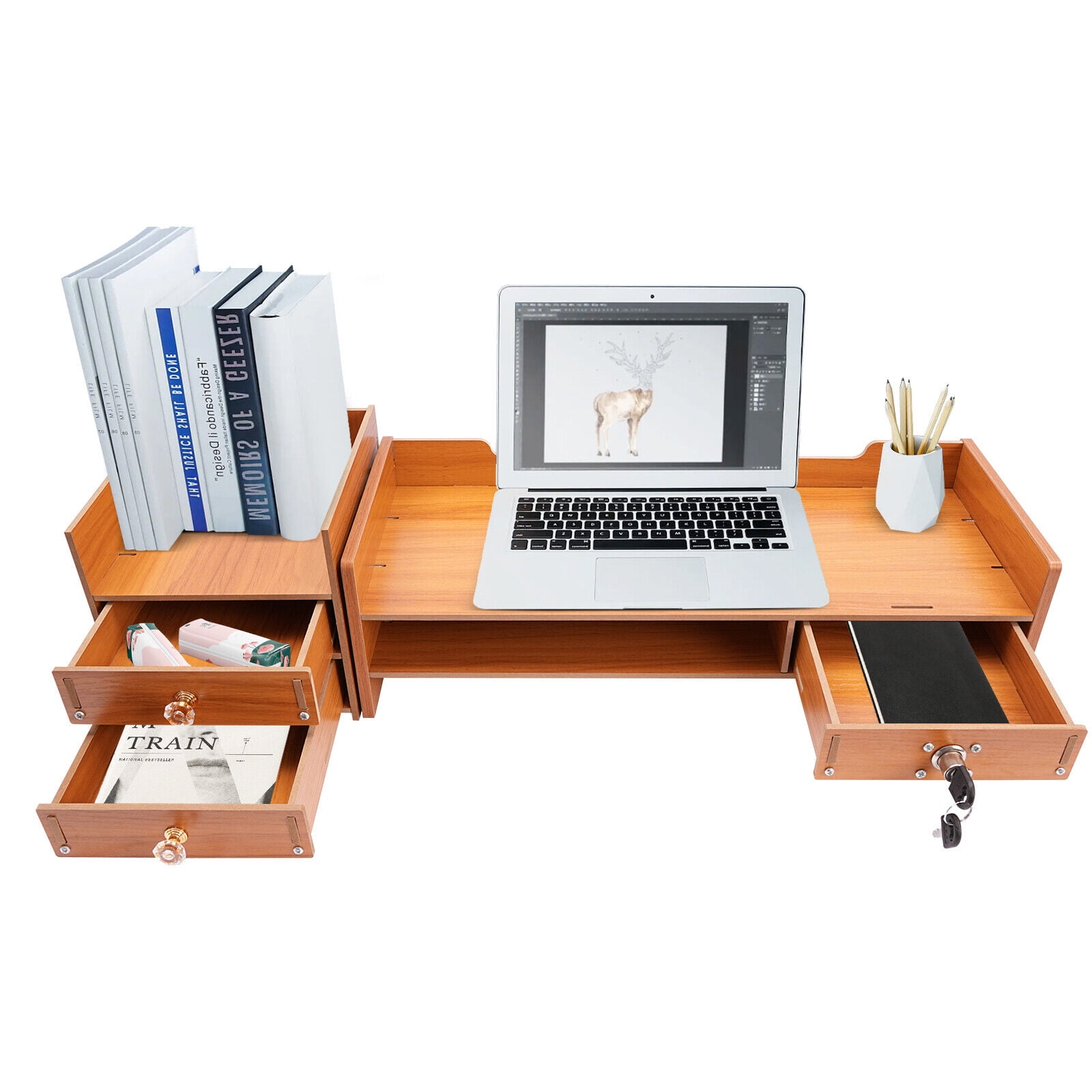 Wooden Desk Organizer with Drawers Office Supplies Computer Desktop Tabletop