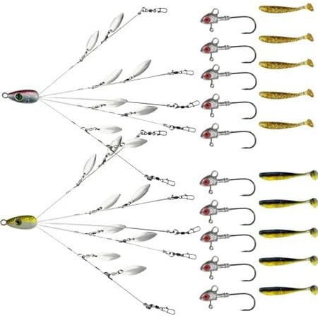 Alabama Rigs for Bass Fishing 5 Arms Umbrella Rigs for Stripers with Swivels Spoons Fishing Bass Bait Lure with 10 Pcs Fishing Worms Alabama Rig for Bait Rigs with Crappie Ned Jigs