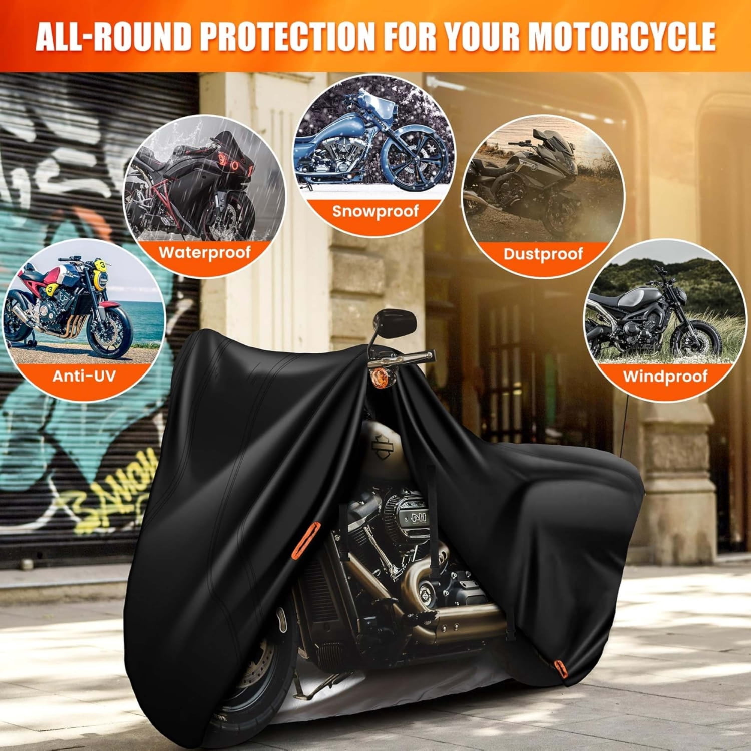 FFORCE Motorcycle Cover 420D Heavy-Duty Touring Model Waterproof UV-Resistant Outdoor Protective Cover Black XL - 110.24 x 37.8 x 54.33 inch