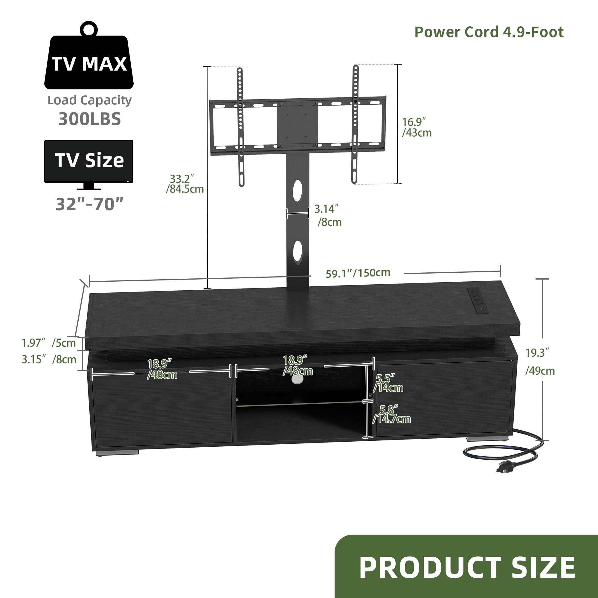 Uforic TV Stand with Mount & Power Outlet, for 55/60/65 inch TVs, Height Adjustable, Black