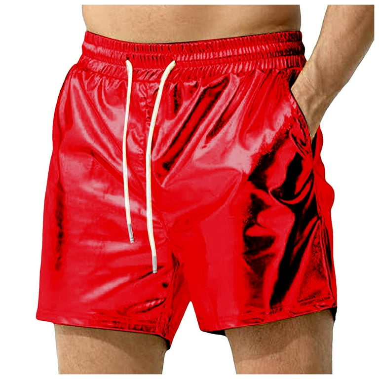 Mens Swim Trunks Sexy Metallic Shiny Sparkly Hot Drawstring Pockets Walkshorts Cargo Bermuda Red Swim Pants Sizes XL