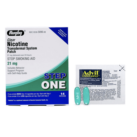 Rugby Clear Nicotine Patches - Transdermal System Patch - Smoking or Vaping Quitting Aid - Step 1-21mg - 14 Count PLUS Advil Liqui-Gels 2 Caps