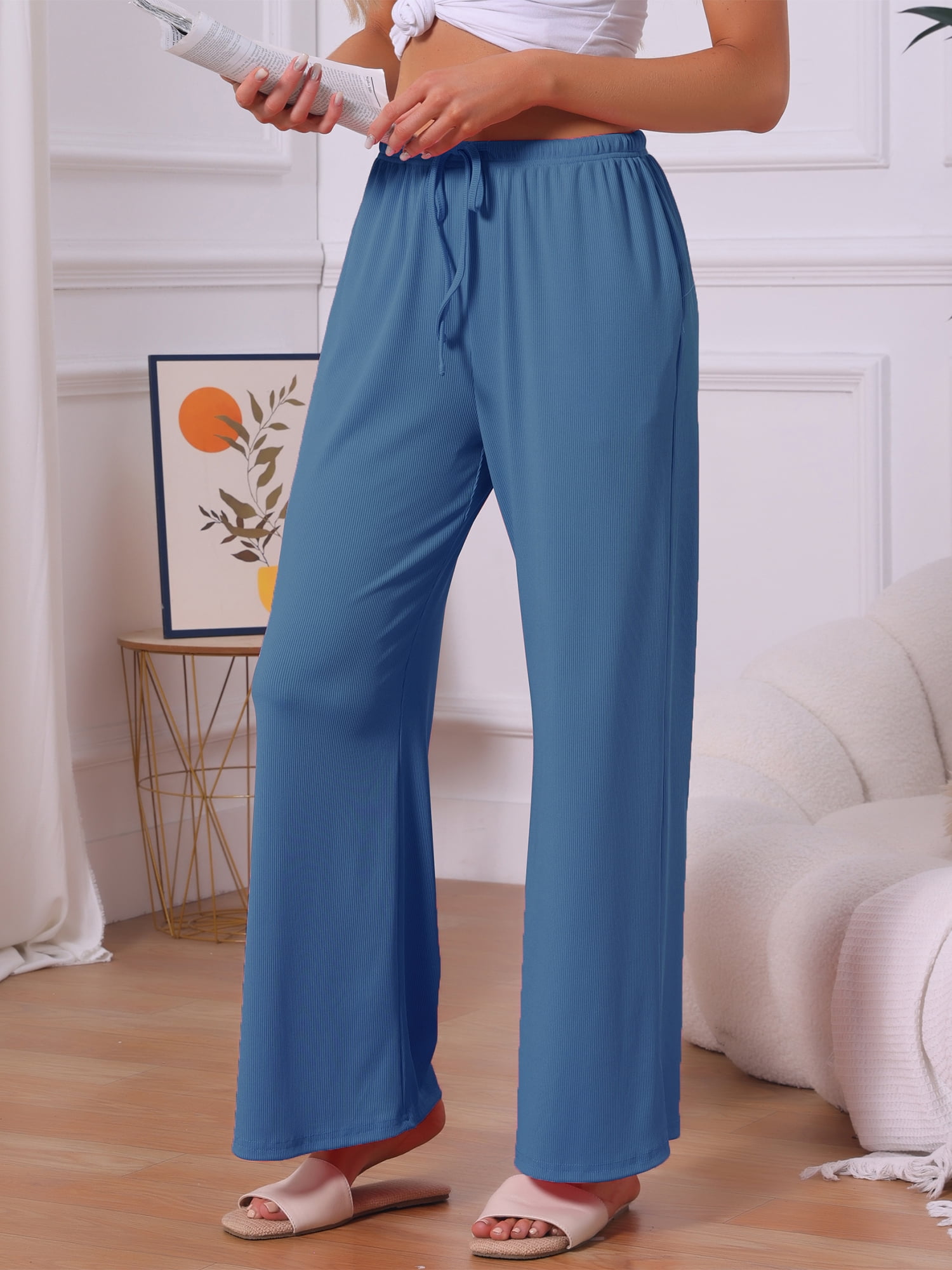 DARING DIVA Women's Wide Leg Ribbed Knit Comfy Loose Fit Pajama Bottoms L Blue