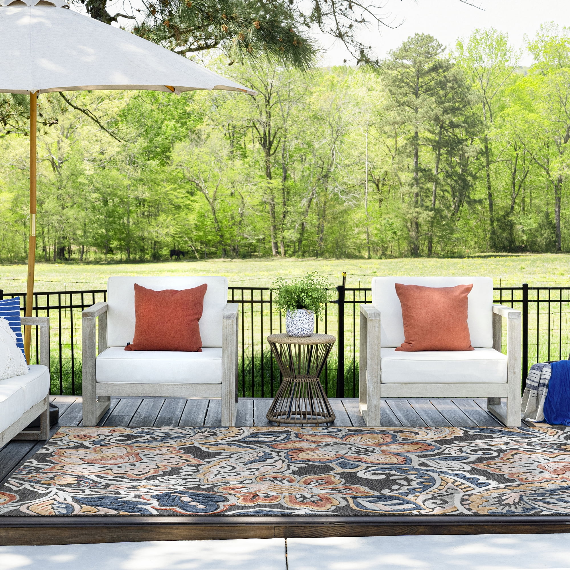 8x10 Water Resistant, Large Indoor Outdoor Rugs for Patios, Front Door Entry, Entryway, Deck, Porch, Balcony | Outside Area Rug for Patio | Black, Floral | Size: 7'7'' x 10'3''