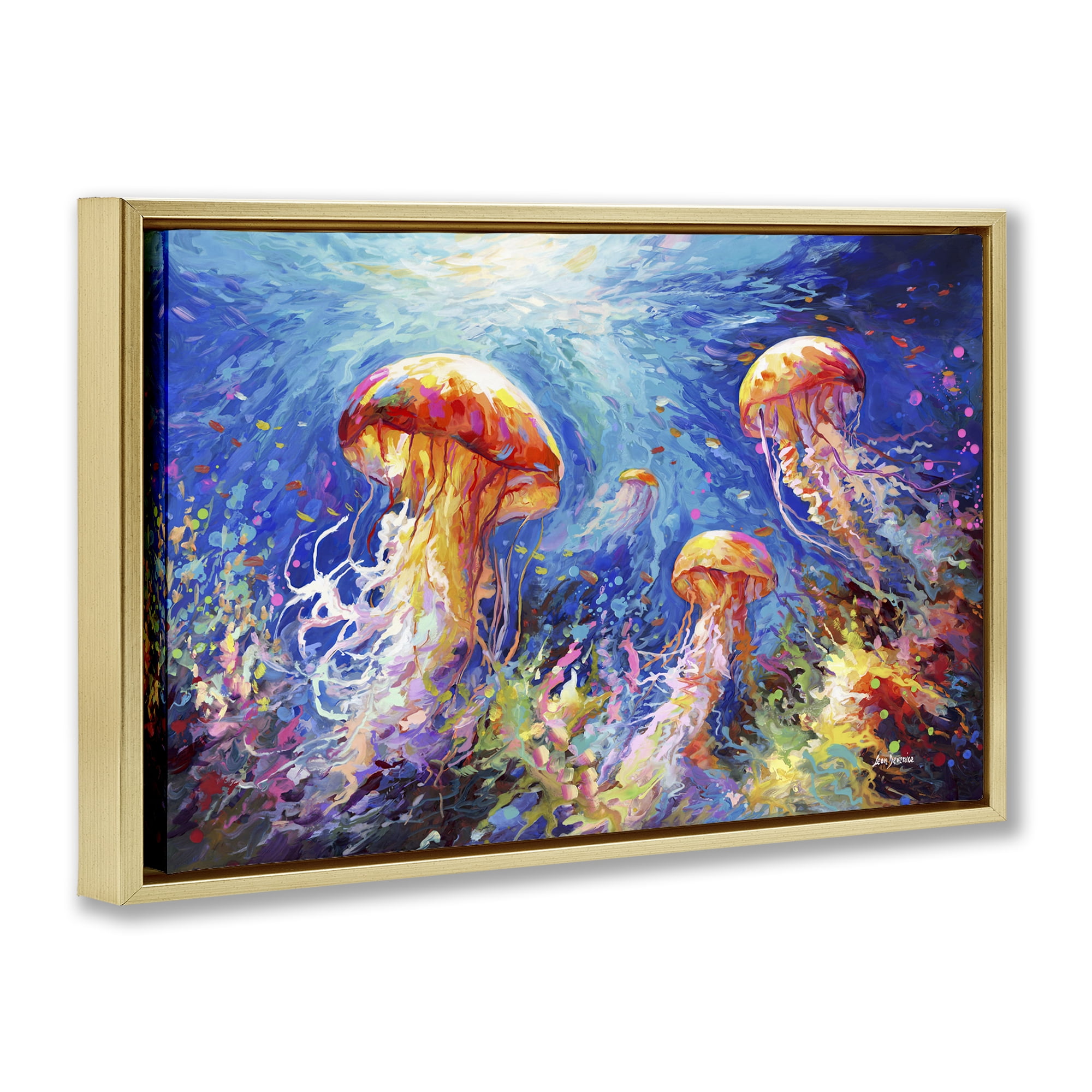 Stupell Industries Jellyfish Serenade Underwater Animals & Insects Painting Gold Floater Framed Canvas Art Print Wall Art, 25 x 17