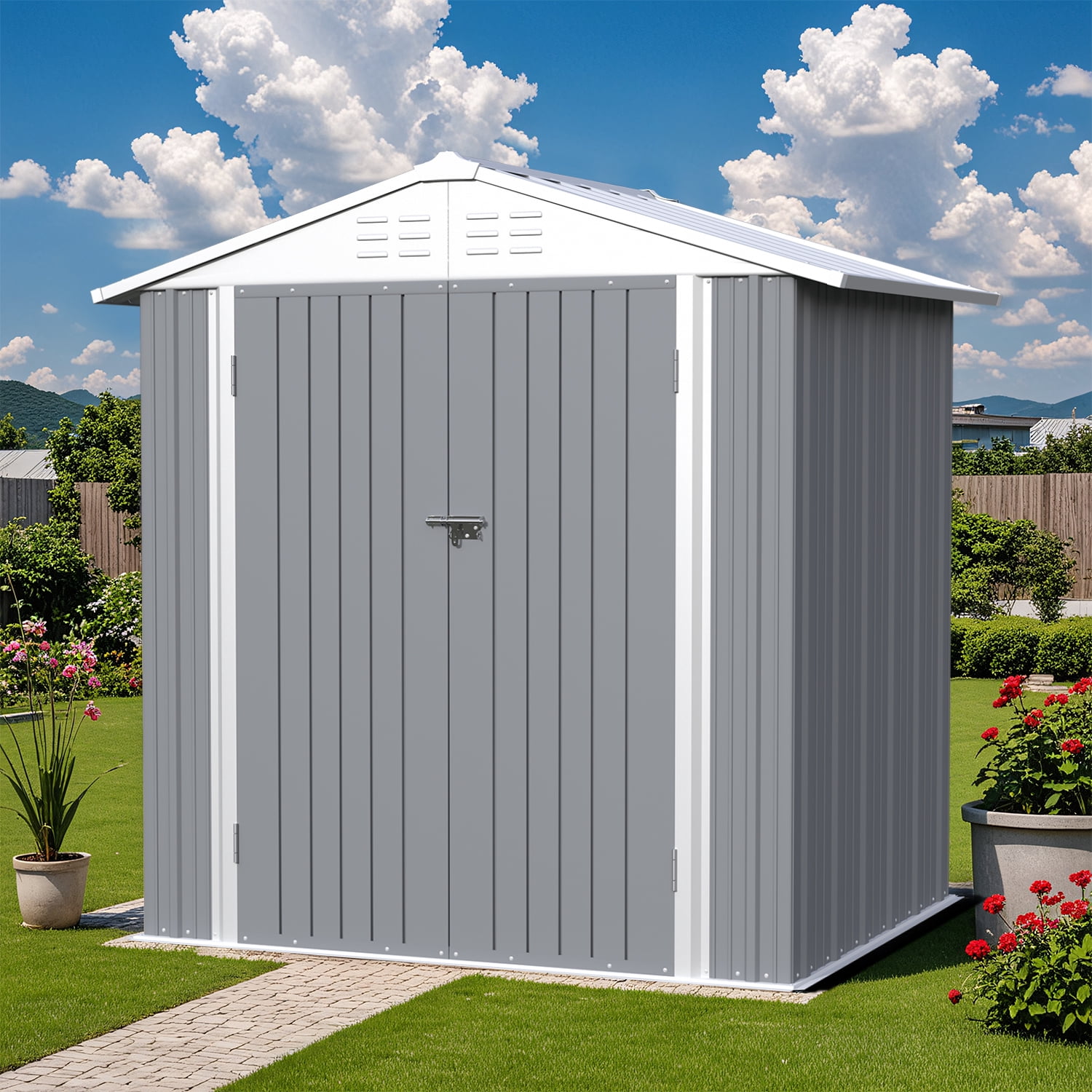 Homall 6' x 4' Mental Outdoor Storage Shed with Sloping Roof and Lockable Door, for Backyard & Garden, Gray