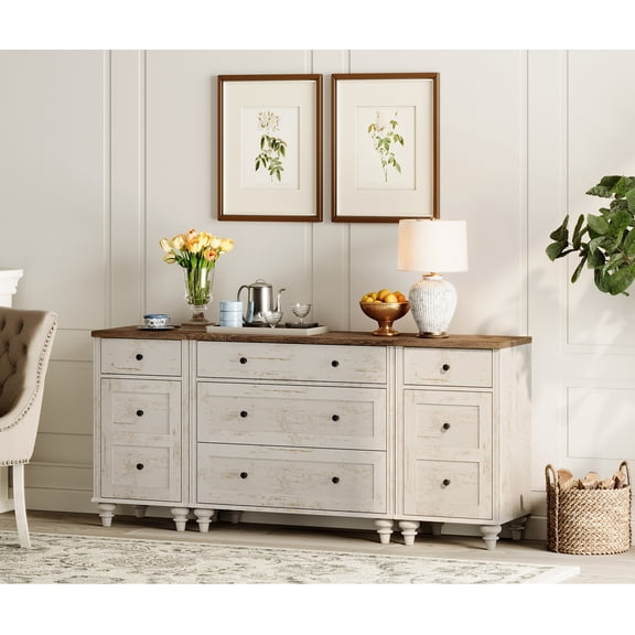 Sideboards with 5 Drawers and 2 Storage Cabinet, End Table with Charging Station , Mid Century Modern Credenzas with Wide Chest of Drawers for Kitchen, Rustic White